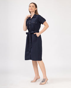 Elena Premium Linen Navy Blue Dress 0061