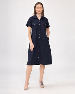 Elena Premium Linen Navy Blue Dress 0061