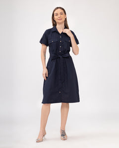 Elena Premium Linen Navy Blue Dress 0061