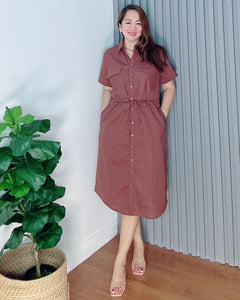 Mona Dark Brown Premium Linen Drwstring Dress 0001