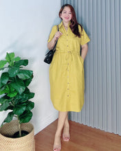 Load image into Gallery viewer, Mona Mustard Premium Linen Drawstring Dress 0003