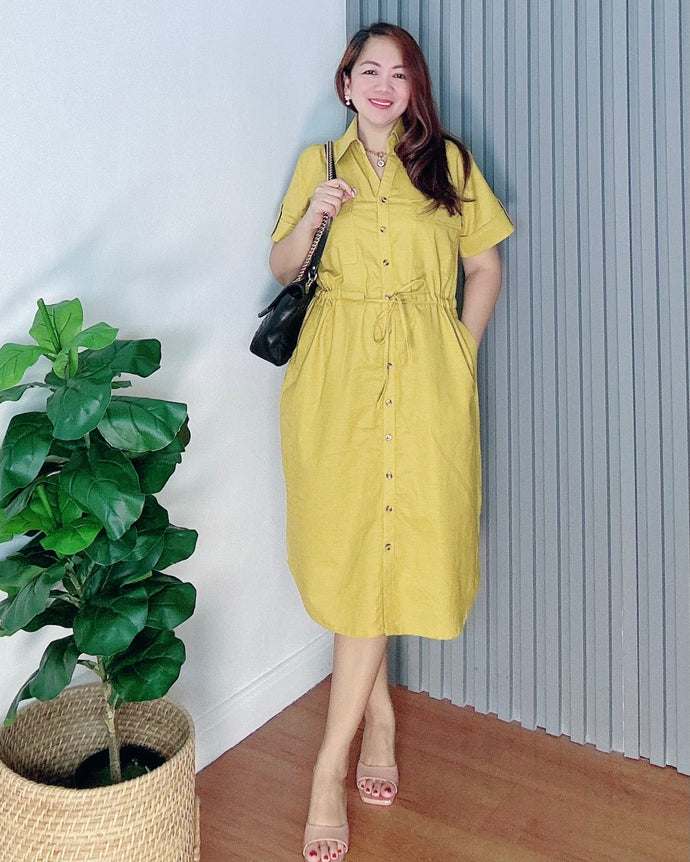Mona Mustard Premium Linen Drawstring Dress 0003