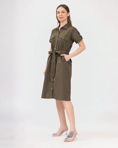 Elena Premium Linen Army Green Dress 0066