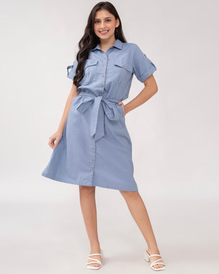 Elena Premium Linen Pastel Blue Dress 0052