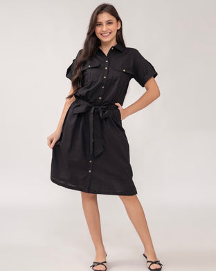 Elena Premium Linen Black Dress 0051