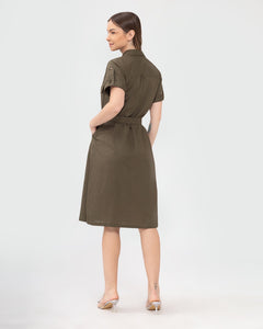 Elena Premium Linen Army Green Dress 0066