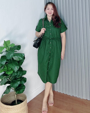 Mona Emerald Green Premium Linen Drawstring Dress 0005