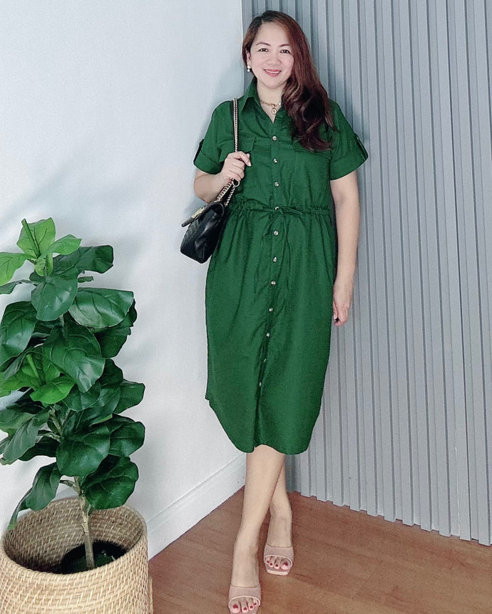 Mona Emerald Green Premium Linen Drawstring Dress 0005