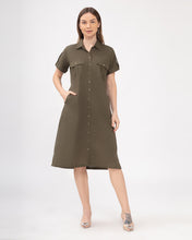 Load image into Gallery viewer, Elena Premium Linen Army Green Dress 0066