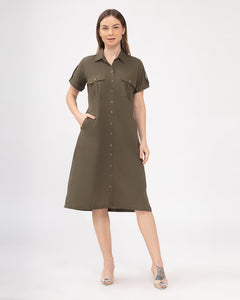 Elena Premium Linen Army Green Dress 0066