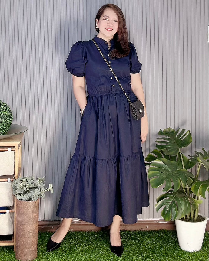 Bianca Premium Linen Midi Navy Blue Dress 0208