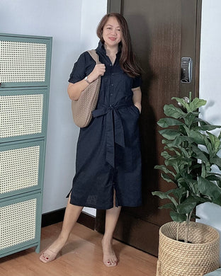 Elena Premium Linen Navy Blue Dress 0061