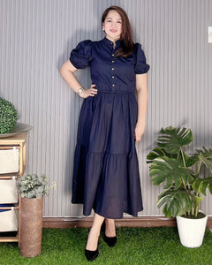 Bianca Premium Linen Midi Navy Blue Dress 0208