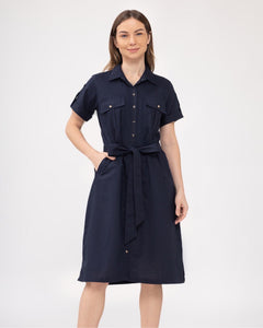 Elena Premium Linen Navy Blue Dress 0061