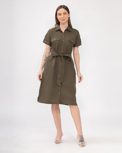 Elena Premium Linen Army Green Dress 0066