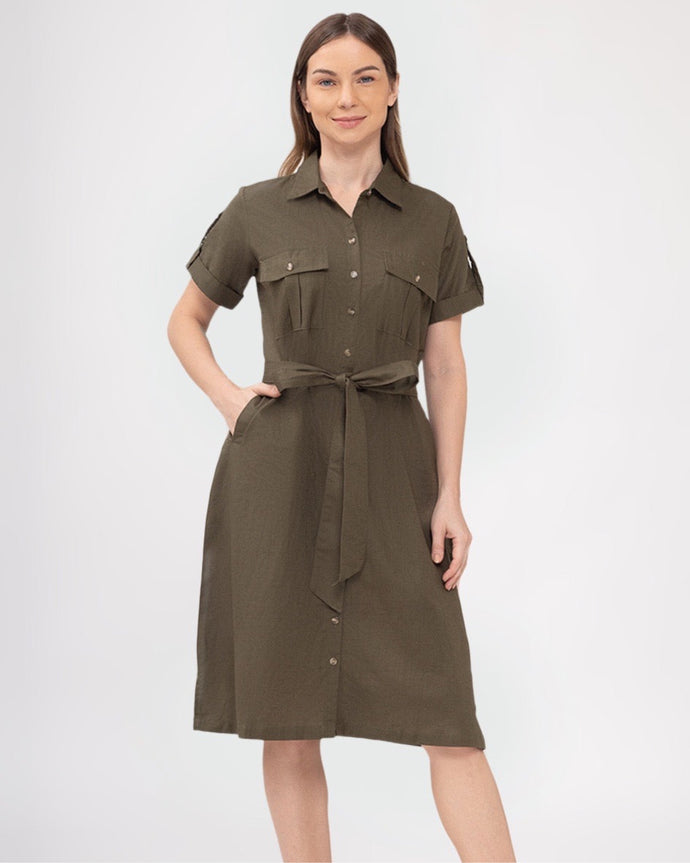 Elena Premium Linen Army Green Dress 0066