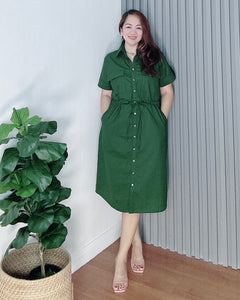 Mona Emerald Green Premium Linen Drawstring Dress 0005