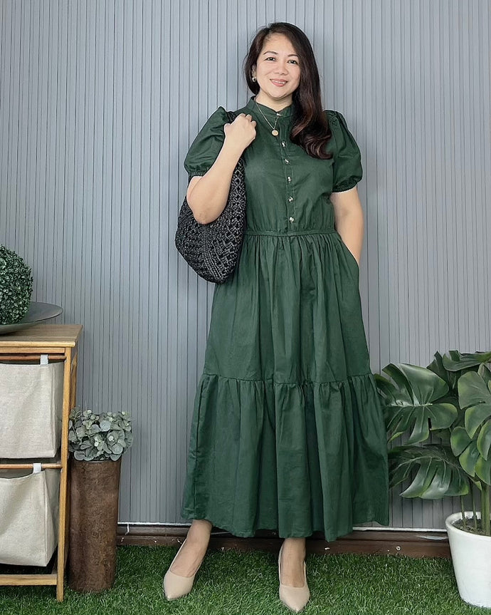 Bianca Premium Linen Emerald Green Midi Dress 0193