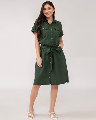 Elena Premium Linen Emerald Green Dress 0074