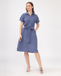 Elena Premium Linen Denim Blue Dress 0067