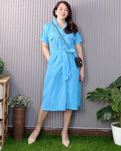 Elena Premium Linen Sky Blue Dress 0060