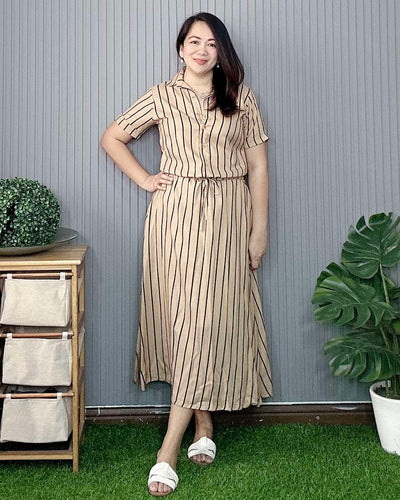 Dahna Drawstring Striped Coffee Brown Dress 0212